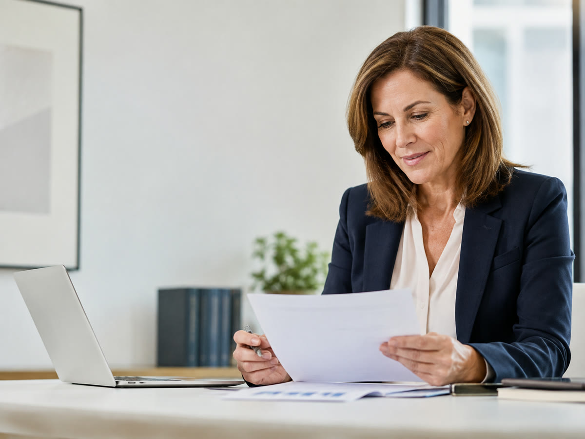 A CRA compliance professional reviewing program documents at her desk