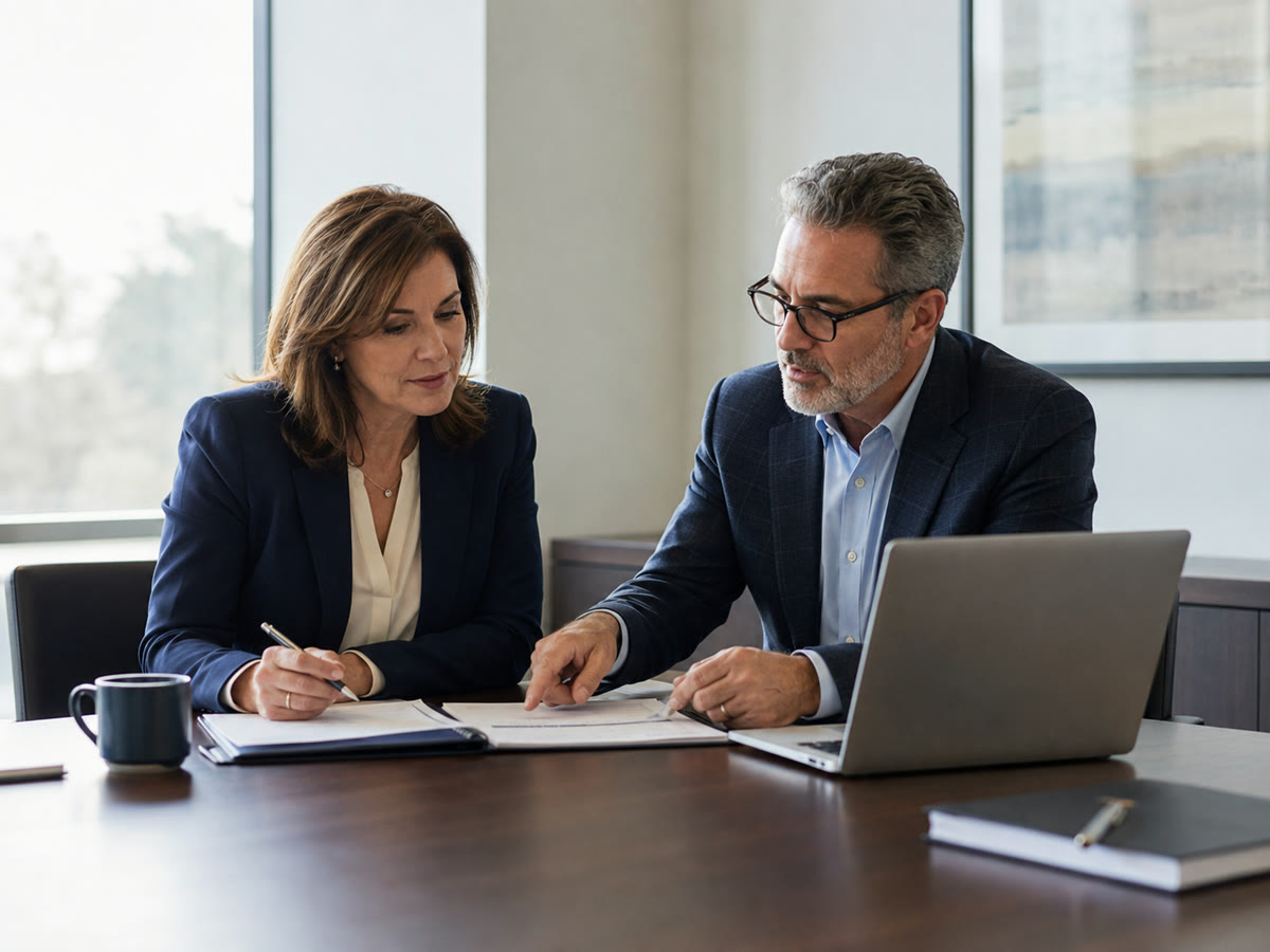 Two CRA professionals collaborating over program documents in an office